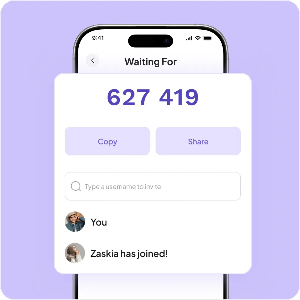 Invite screen: private code, copy and share